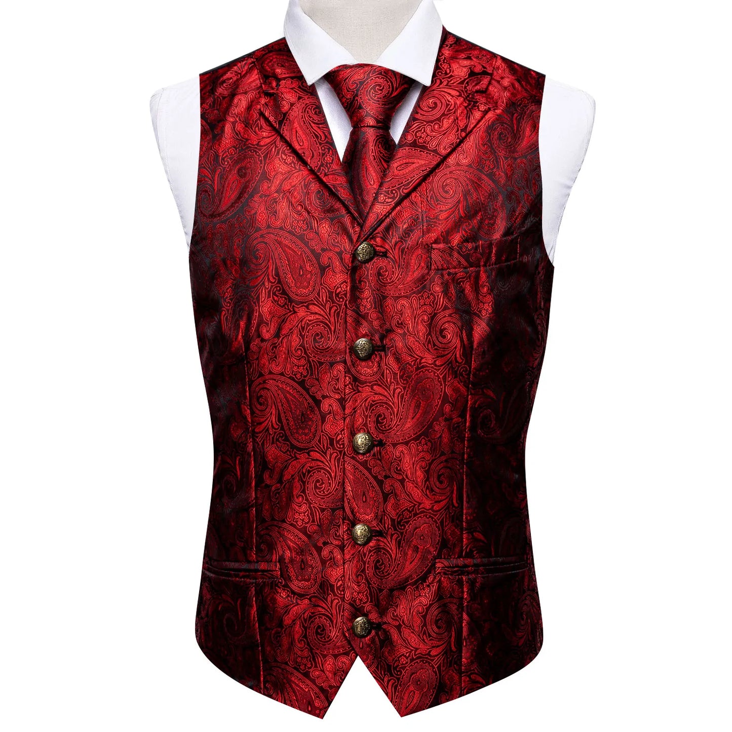 Red Floral In Black with Metal Button Vest Set