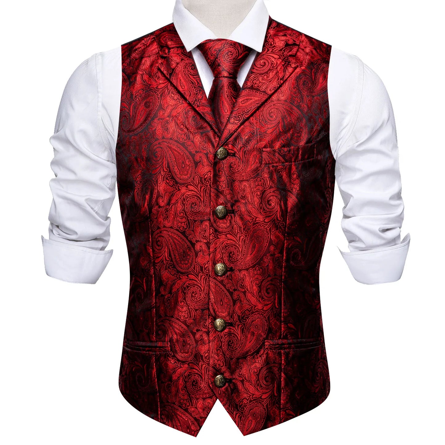 Red Floral In Black with Metal Button Vest Set