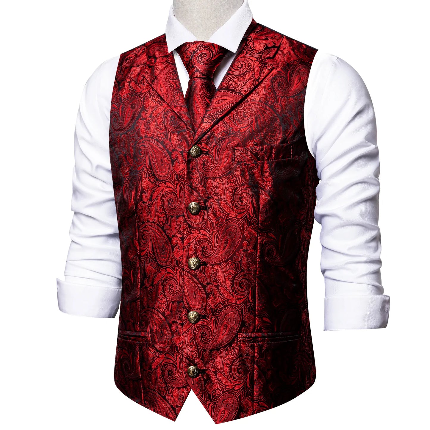 Red Floral In Black with Metal Button Vest Set