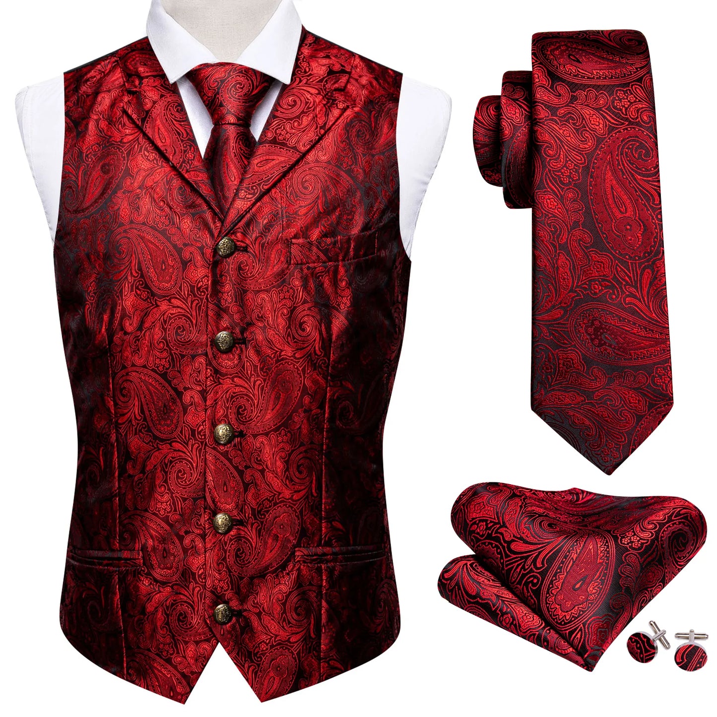 Red Floral In Black with Metal Button Vest Set