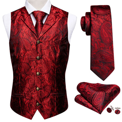 Red Floral In Black with Metal Button Vest Set