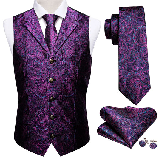 Purple Floral Silk with Metal Button Vest Set