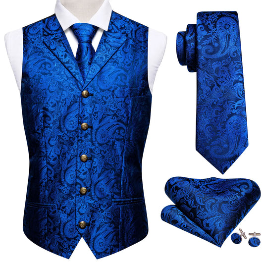 Blue Floral Silk Metal Button Vest Set