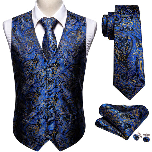 Gold Floral In Blue Silk Vest Set