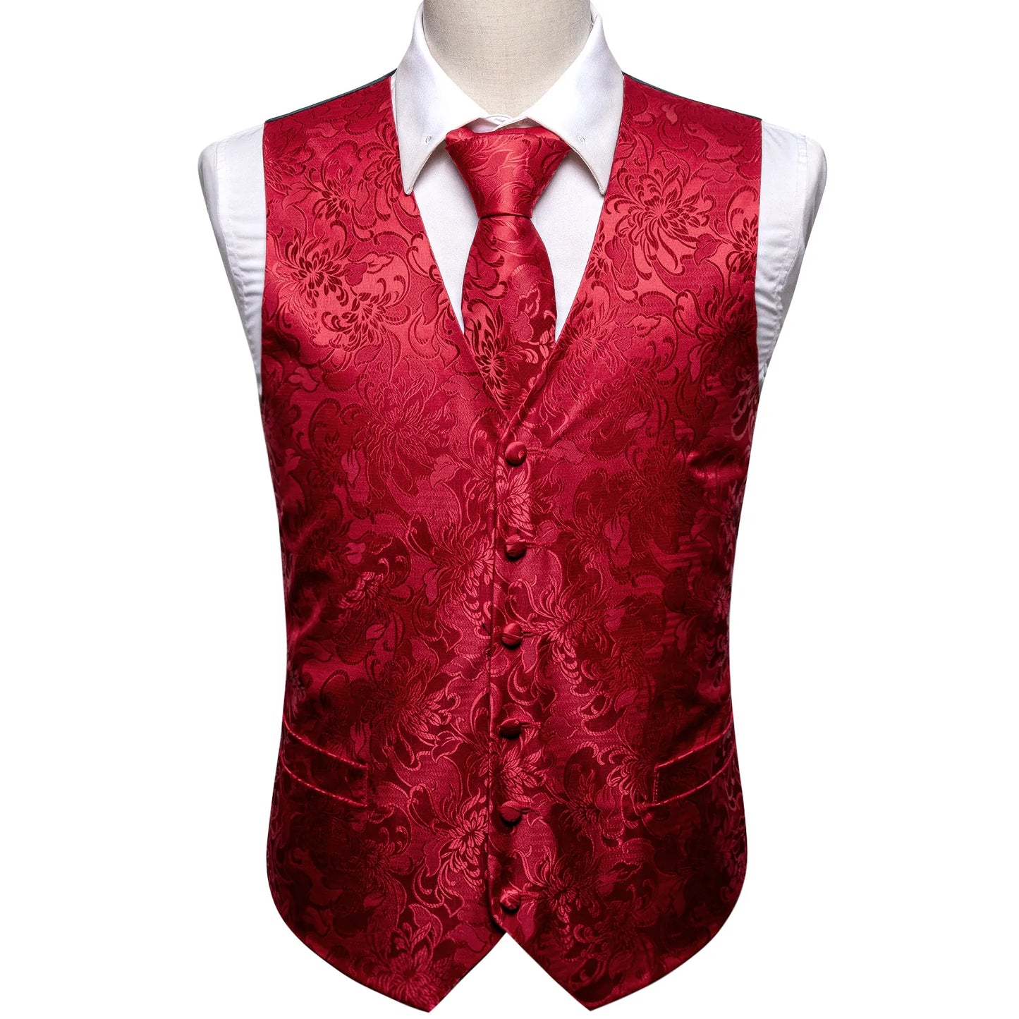 Red Floral Silk Vest Set