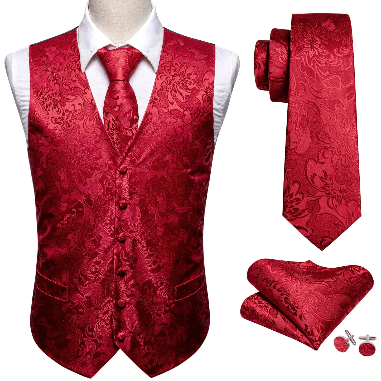 Red Floral Silk Vest Set