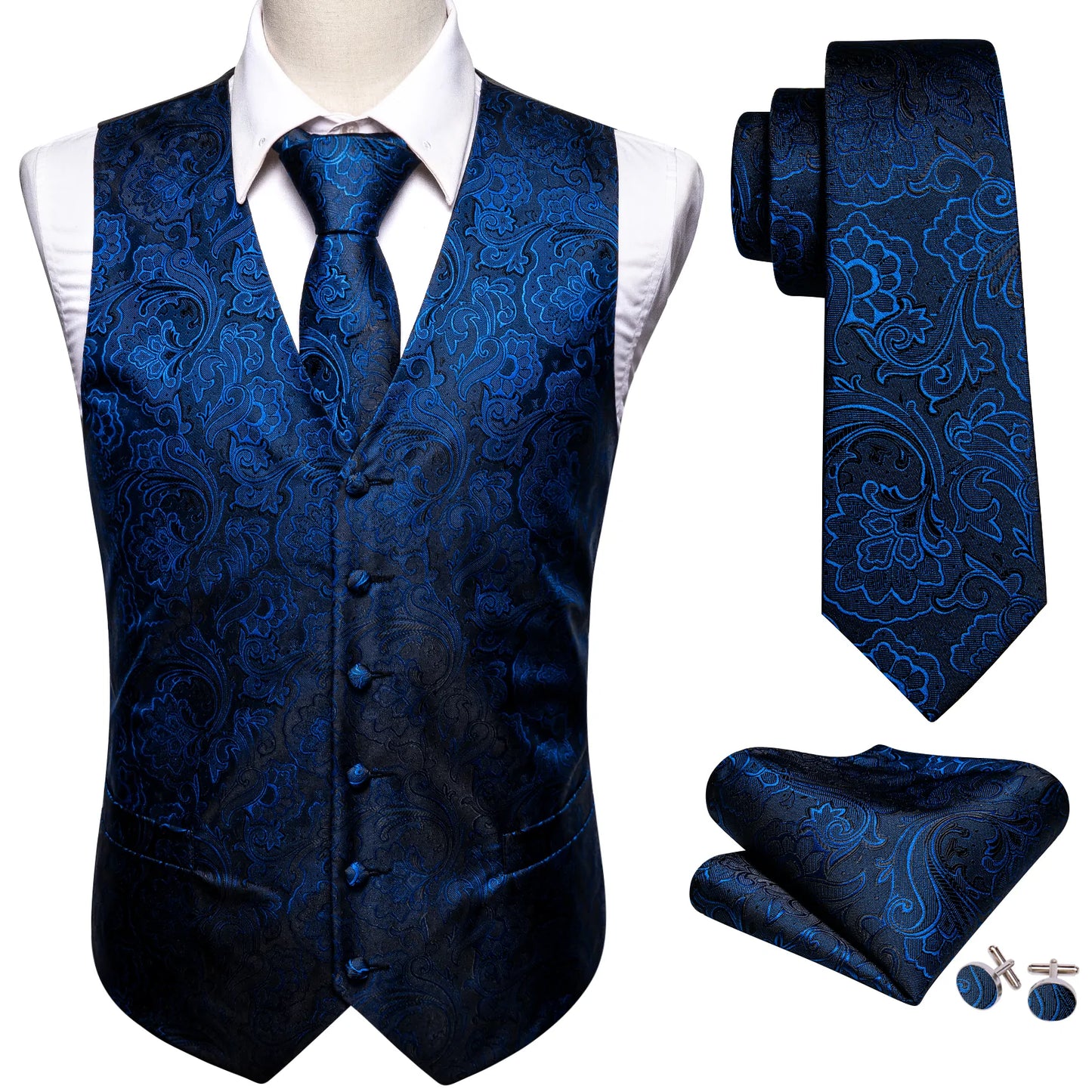 Blue Floral In Black Vest Set