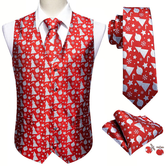 Silver Xmas Decors In Red Silk Vest Set