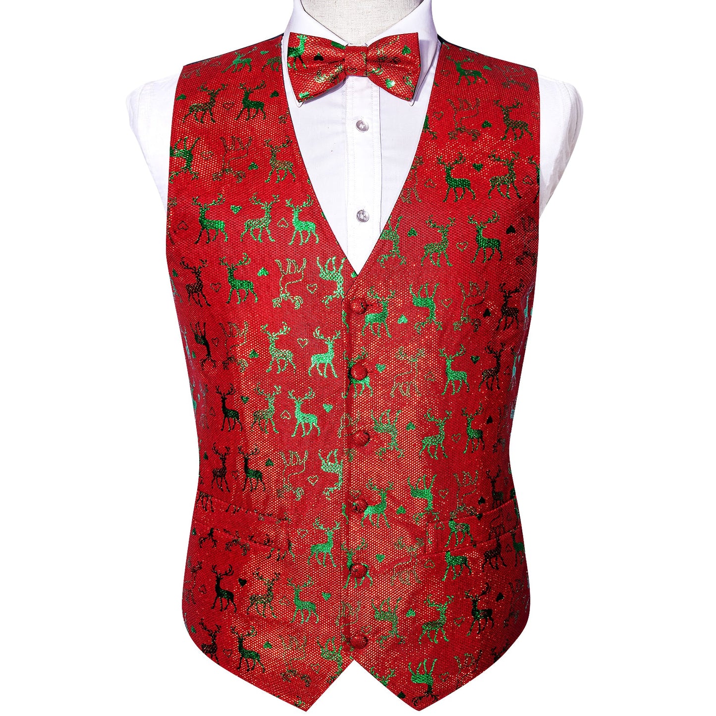 Green Reindeer In Red Silk Vest