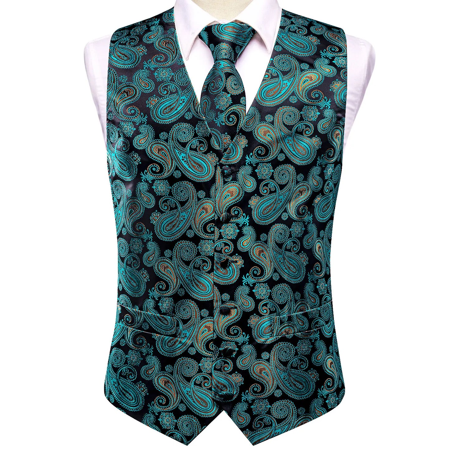 Turquoise Leaves Silk Vest Set