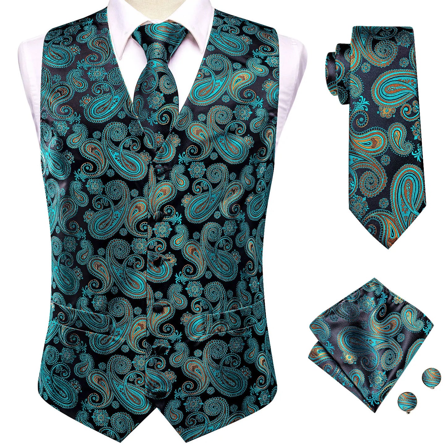 Turquoise Leaves Silk Vest Set