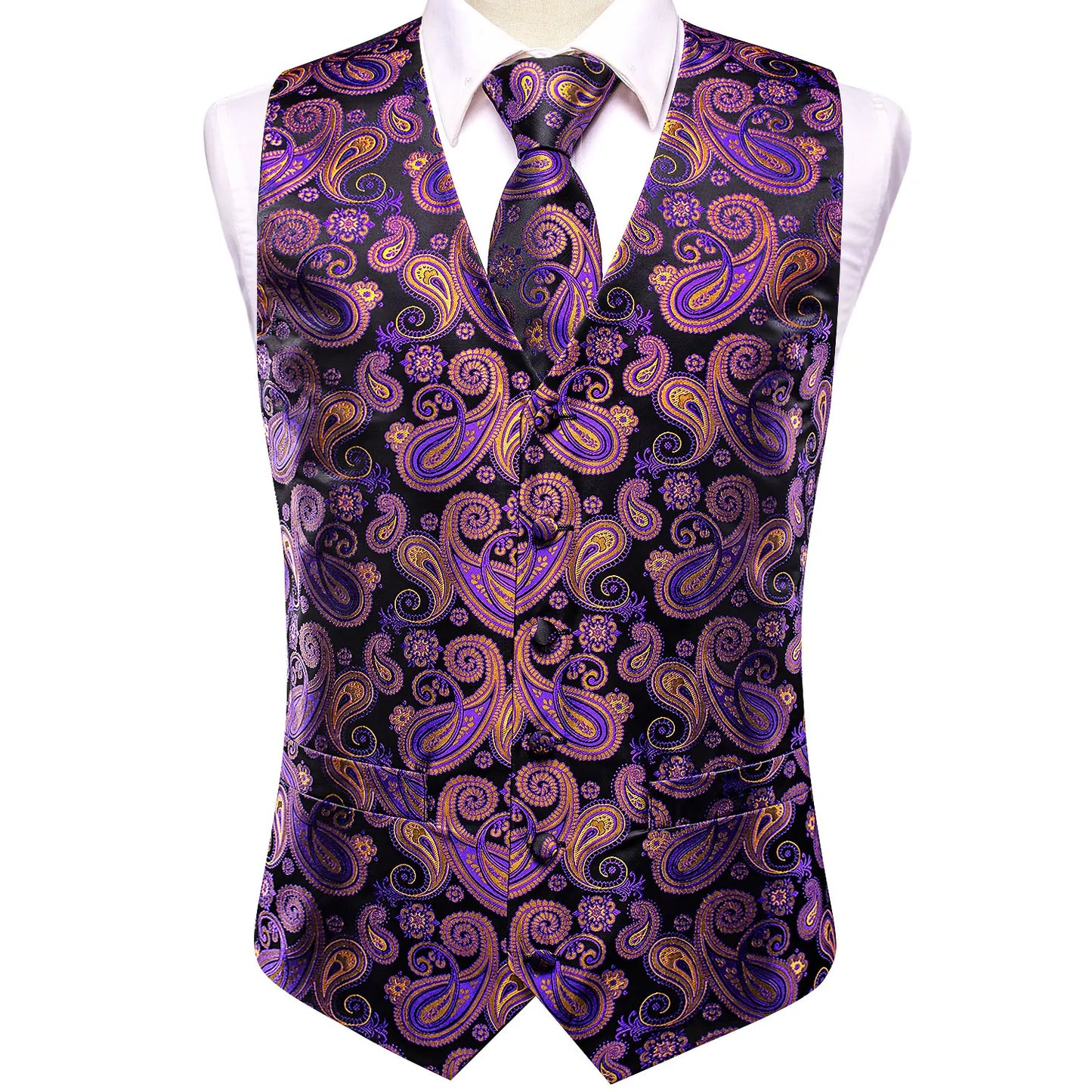 Purple and Orange Leaves Silk Vest Set