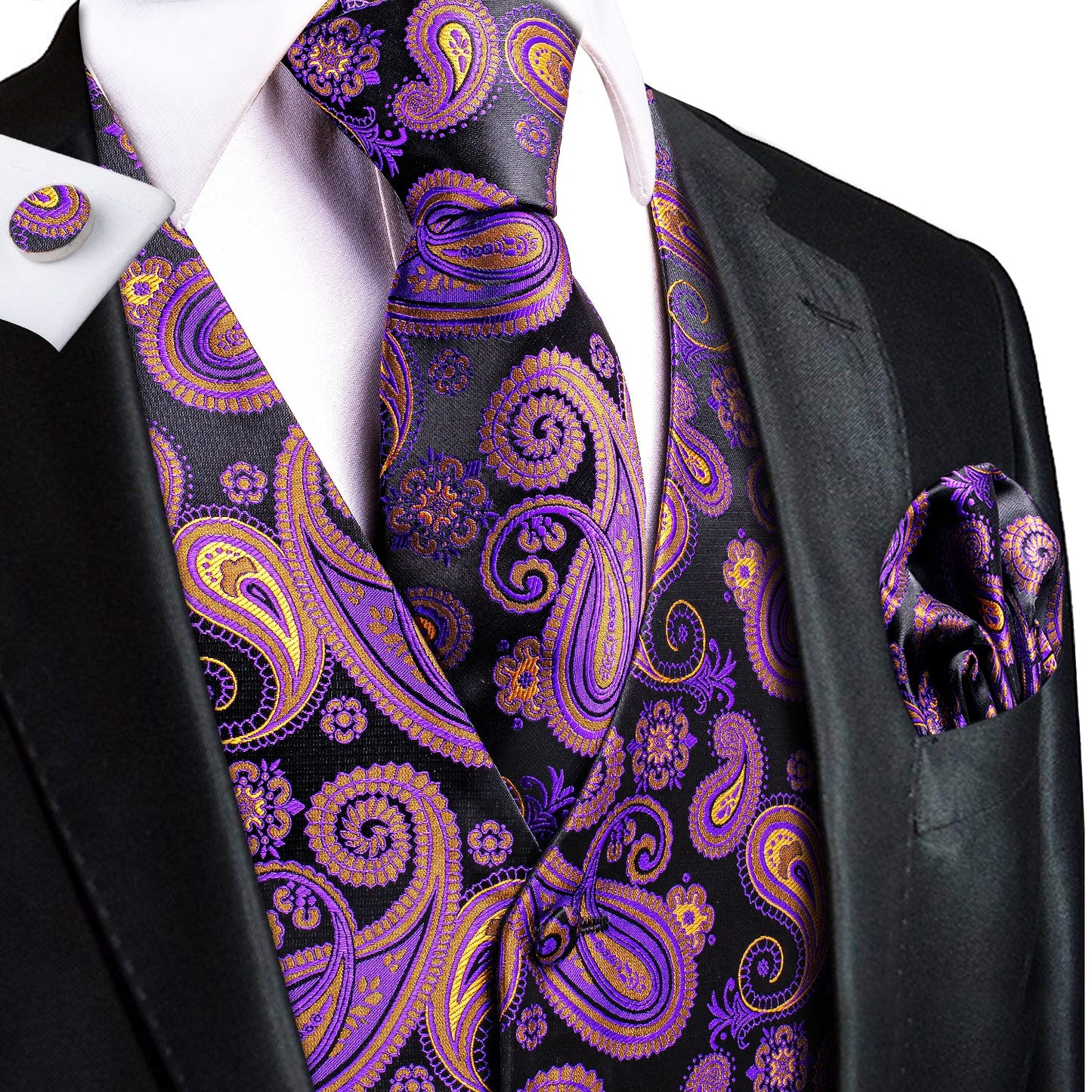 Purple and Orange Leaves Silk Vest Set