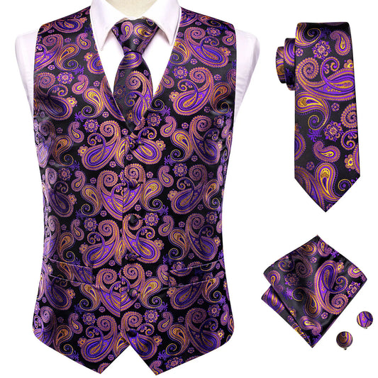 Purple and Orange Leaves Silk Vest Set