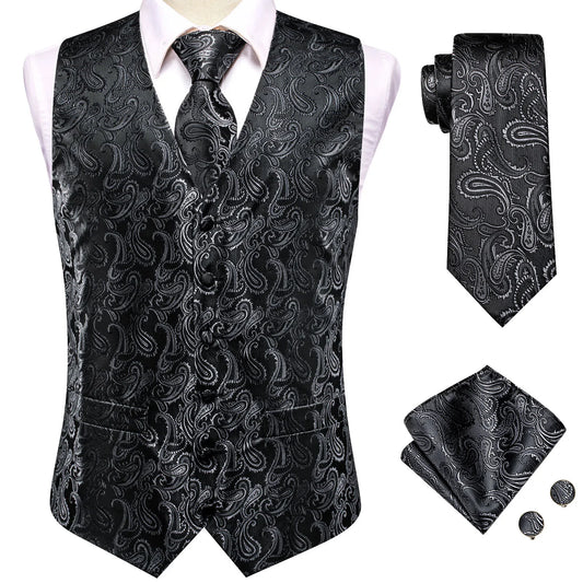 Silver Floral In Black Vest Set