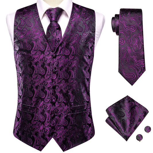 Purple Floral In Black Silk Vest Set