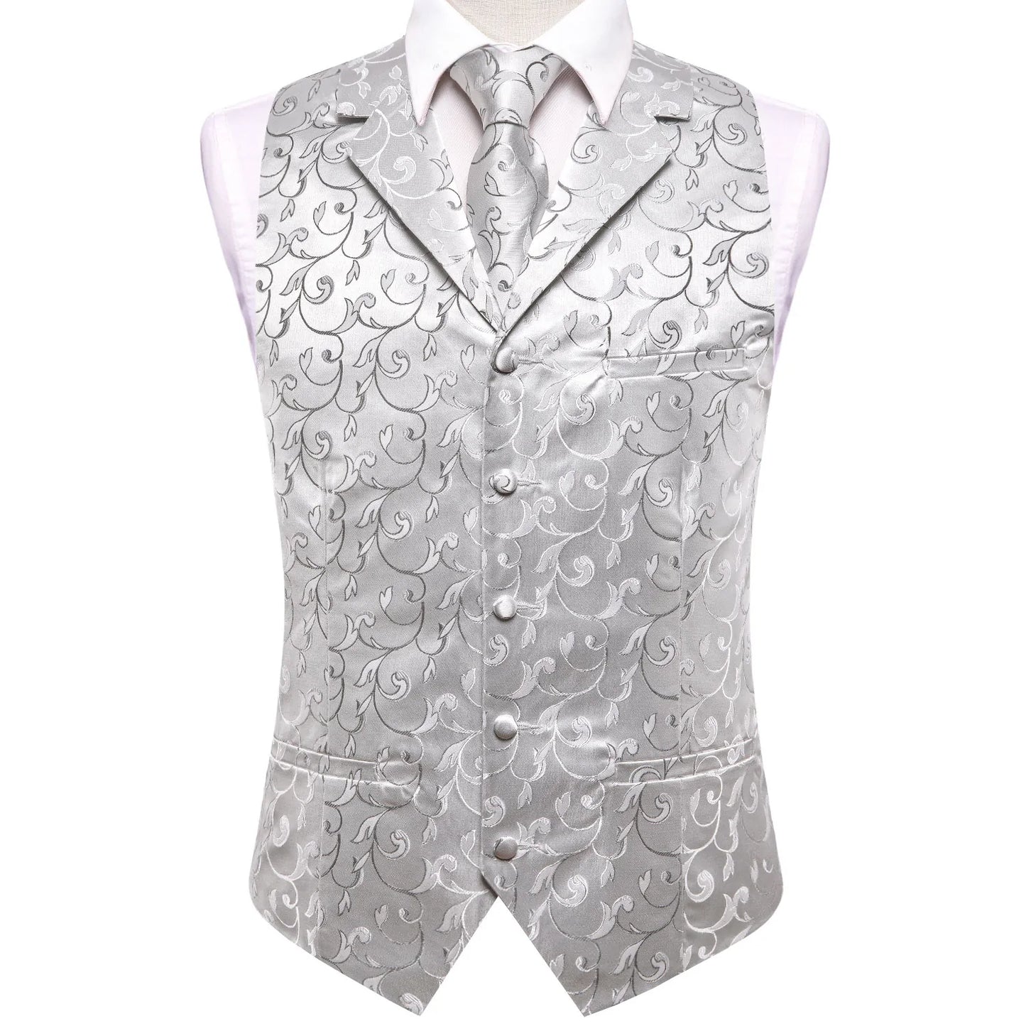 Silver Floral Silk Vest Set