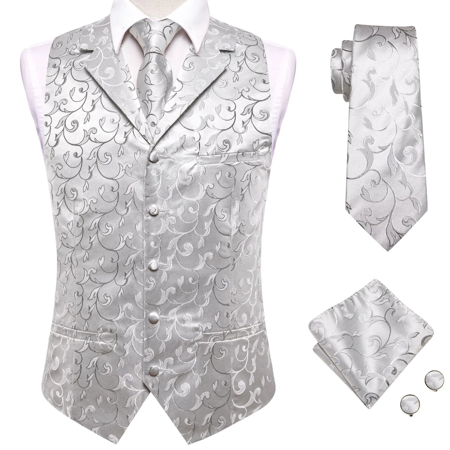 Silver Floral Silk Vest Set