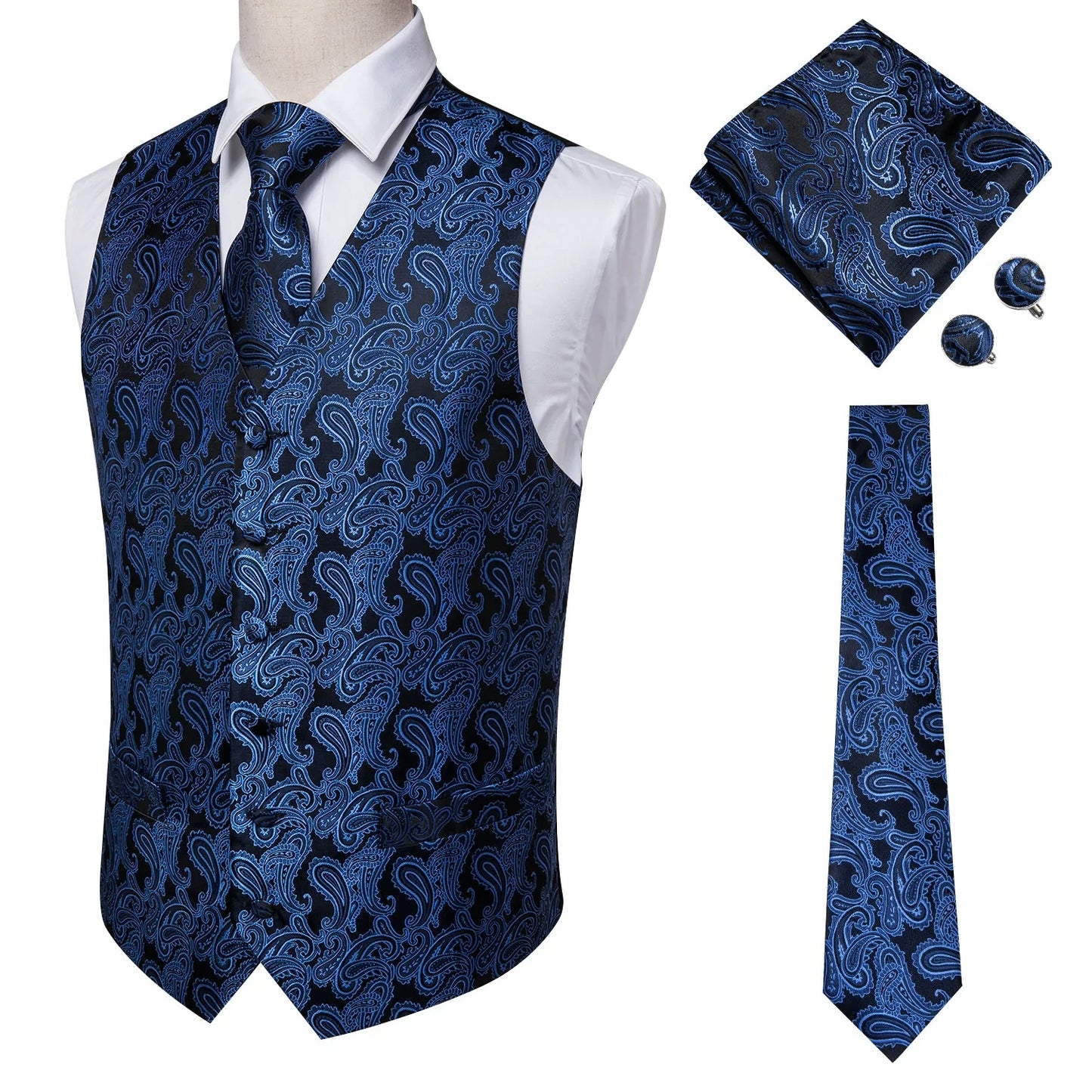 Sparkling Blue Leaves In Black Vest Set