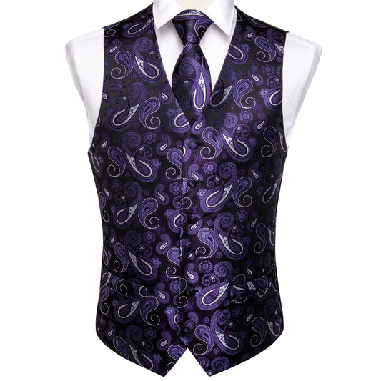 Purple and White Leaves Silk Vest Set