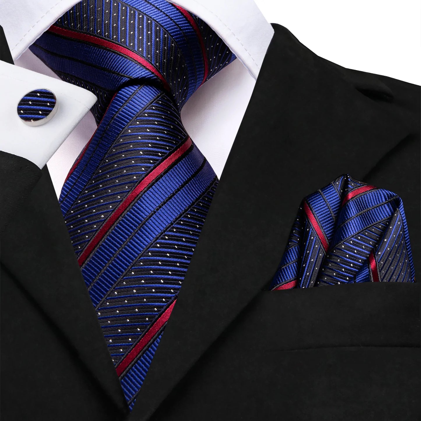 Luxury Royal Blue and Red Stripes Silk Tie Set