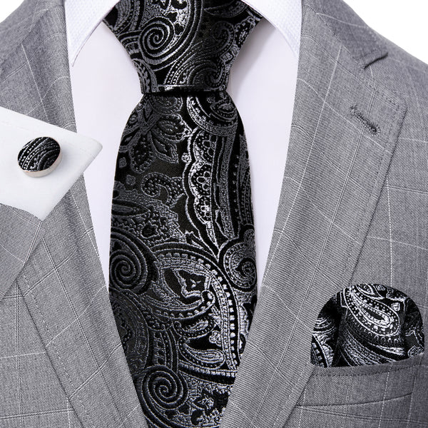 Luxury Silver Gray Leaves In Black Silk Tie Set