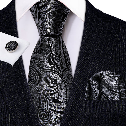 Luxury Silver Gray Leaves In Black Silk Tie Set