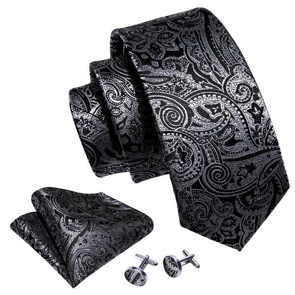 Luxury Silver Gray Leaves In Black Silk Tie Set