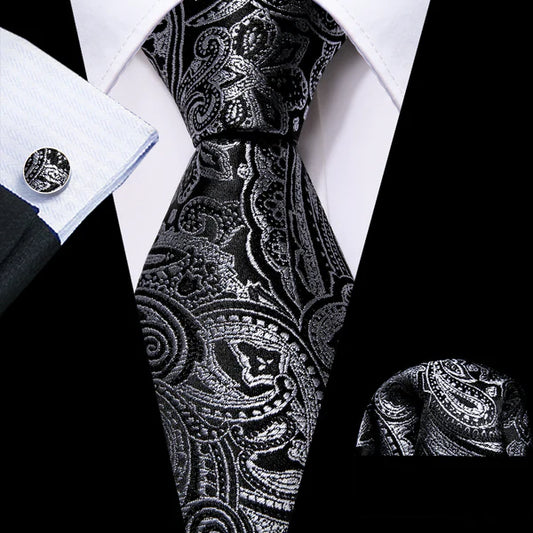 Luxury Silver Gray Leaves In Black Silk Tie Set