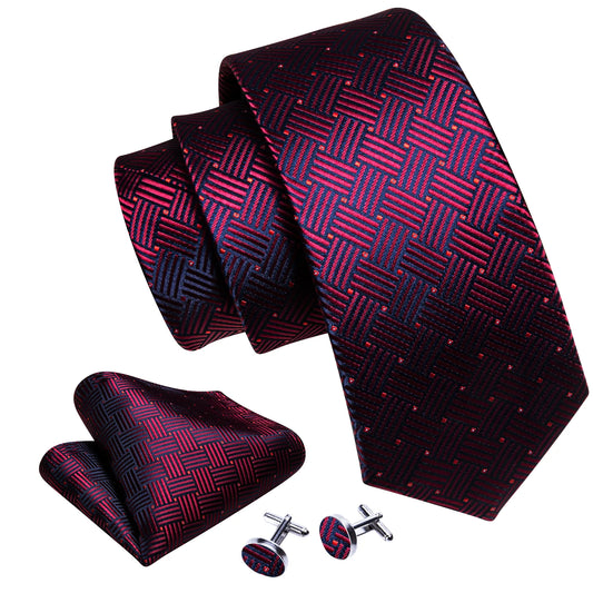 Shiny Burgundy Squares Tie Set