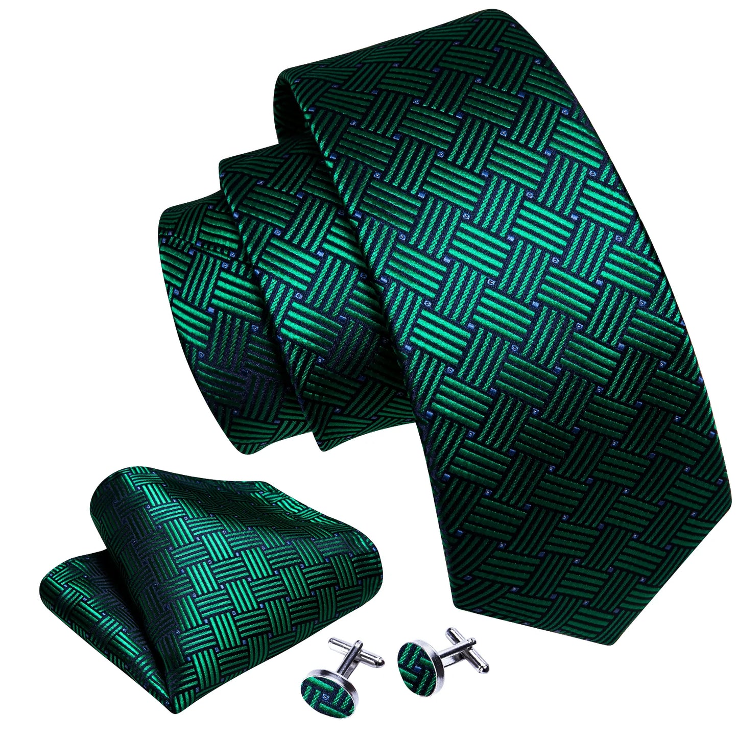 Shiny Green Squares Silk Tie Set