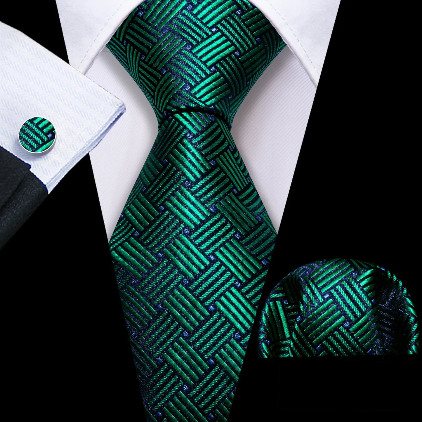 Shiny Green Squares Silk Tie Set