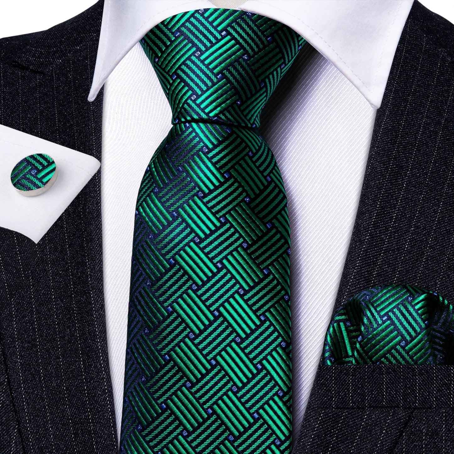 Shiny Green Squares Silk Tie Set