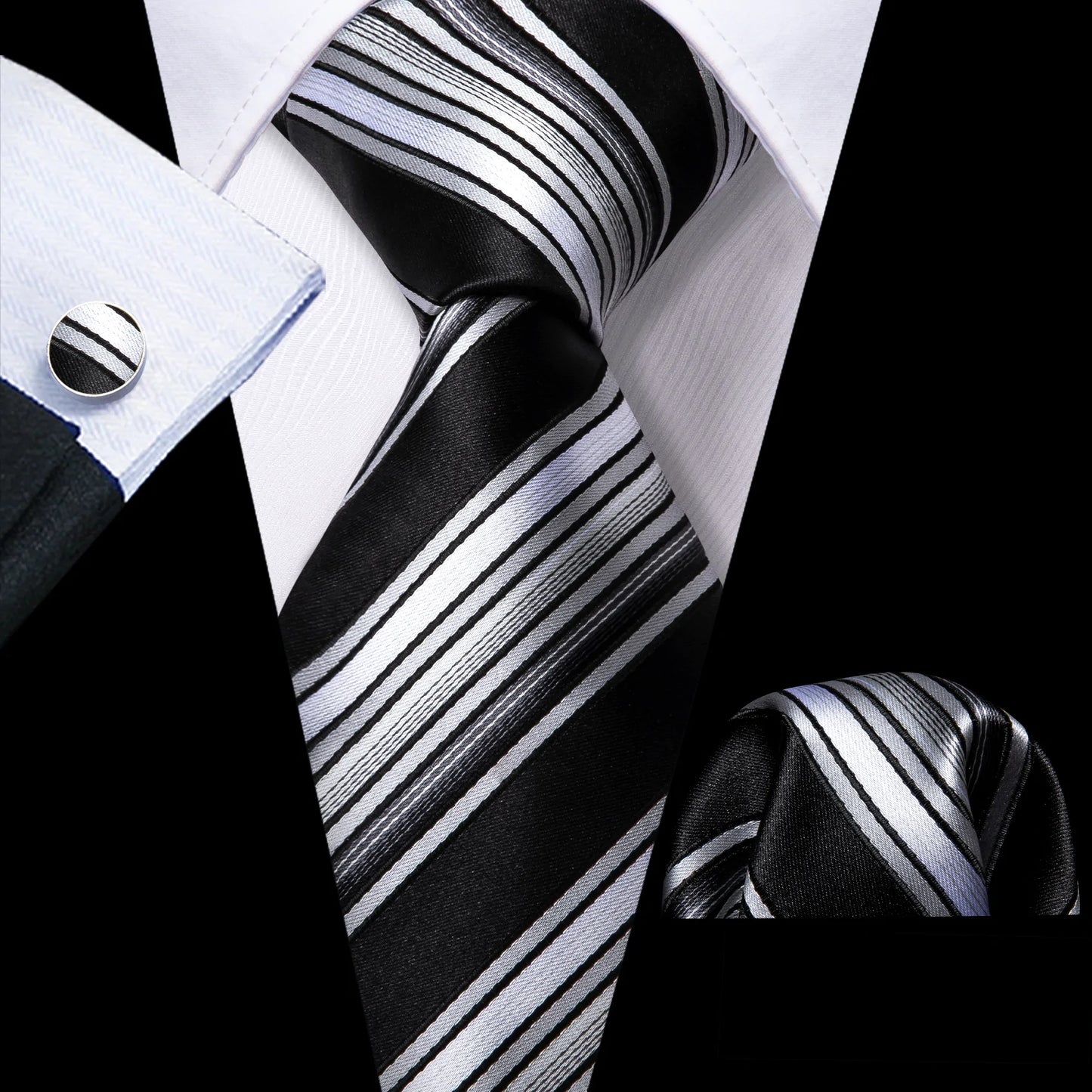 Black, Gray and White Stripes Tie Set