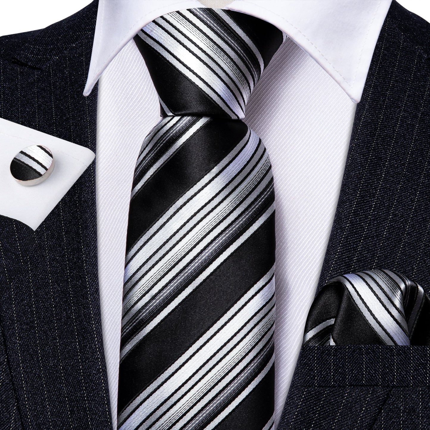 Black, Gray and White Stripes Tie Set