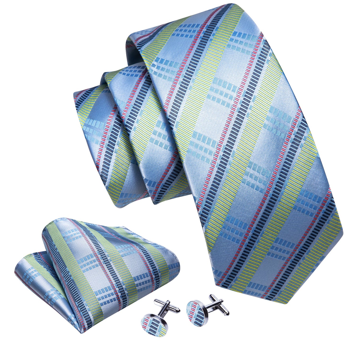 Ice Blue Checkered Silk Tie Set