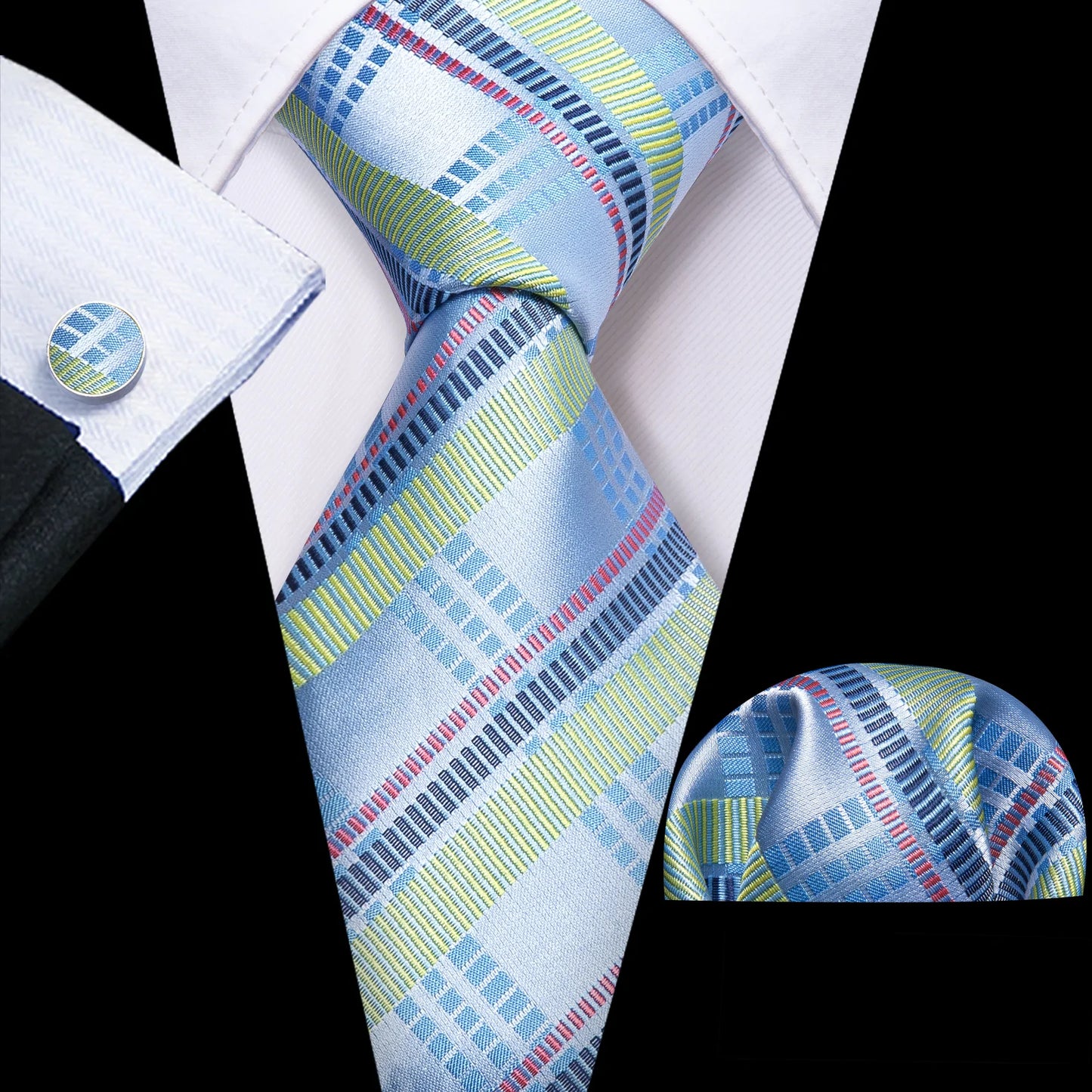 Ice Blue Checkered Silk Tie Set