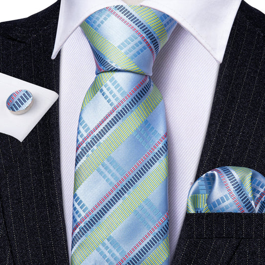 Ice Blue Checkered Silk Tie Set