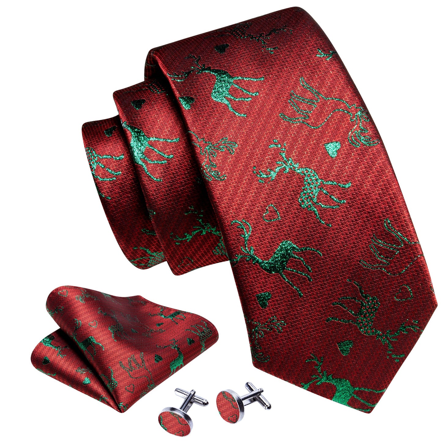 Green Reindeer In Rusty Red Silk Tie Set