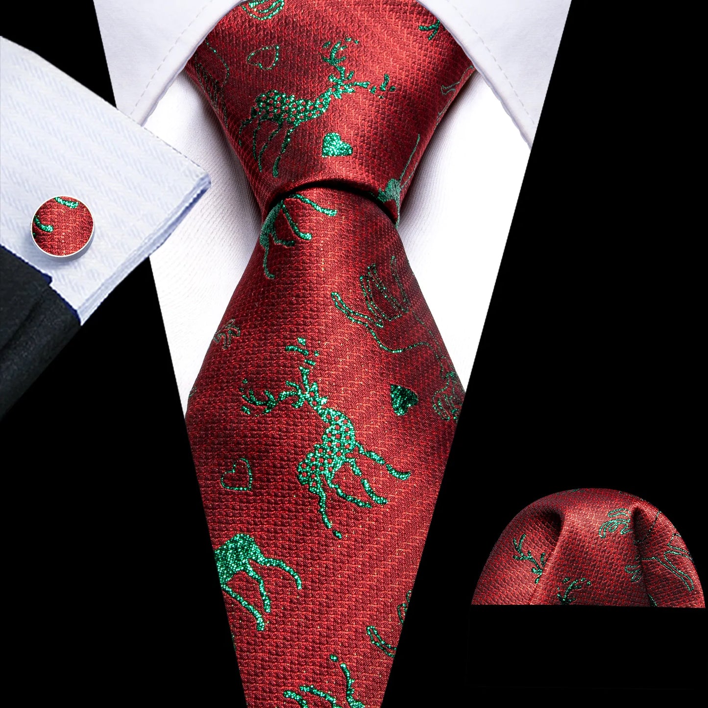 Green Reindeer In Rusty Red Silk Tie Set