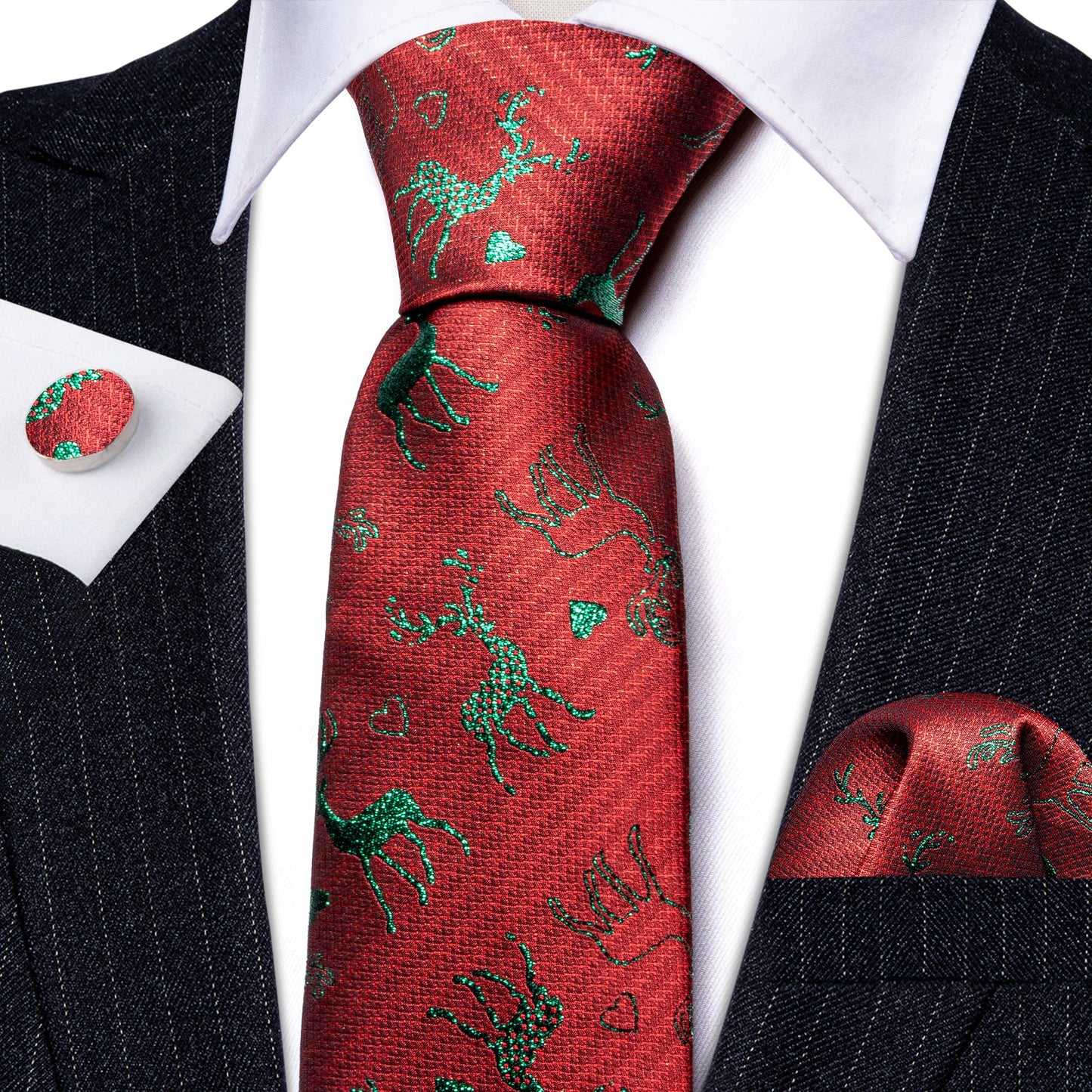 Green Reindeer In Rusty Red Silk Tie Set