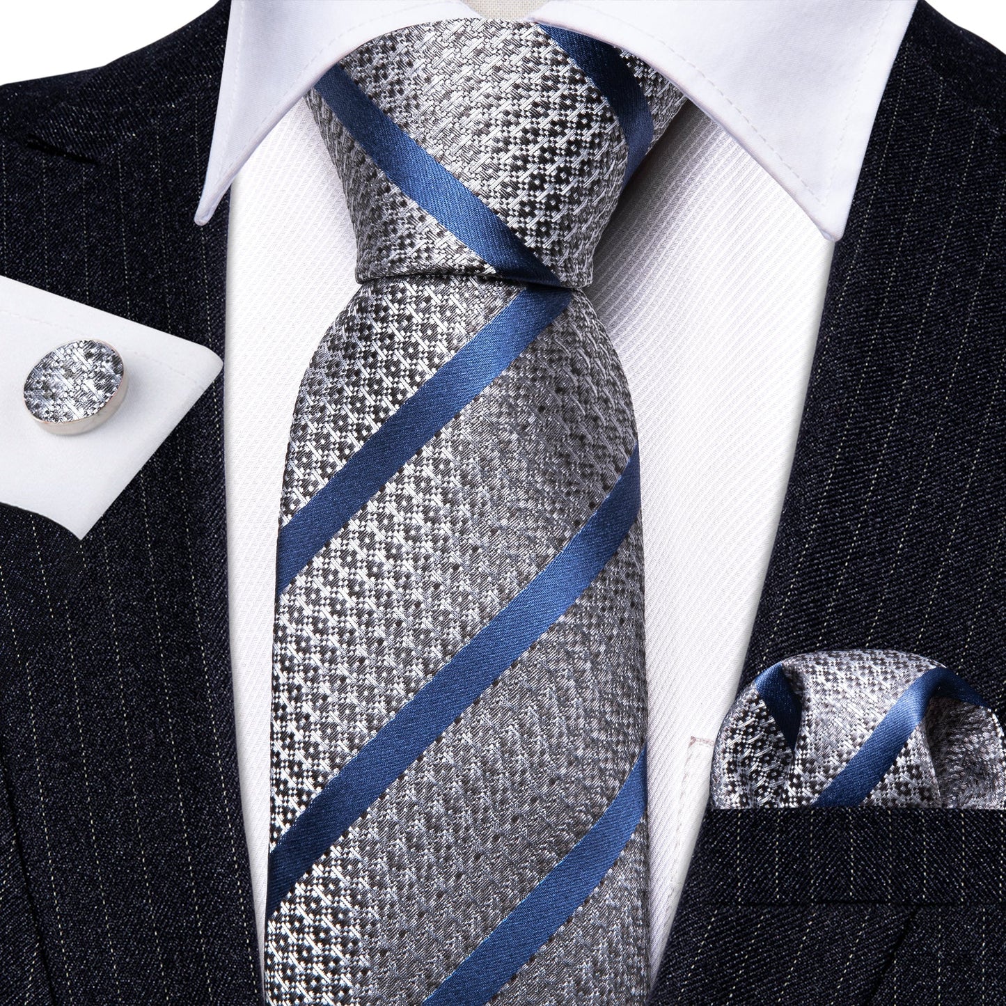 Luxury Blue Lines In Gray Tie Set