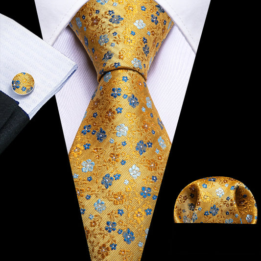 Tiny Flowers In Yellow Silk Tie Set