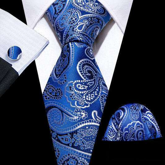 Luxury Silver White Leaves In Royal Blue Tie Set