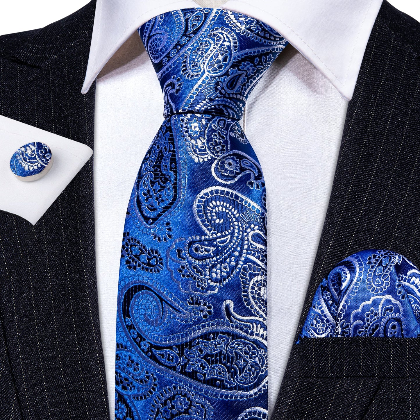 Luxury Silver White Leaves In Royal Blue Tie Set