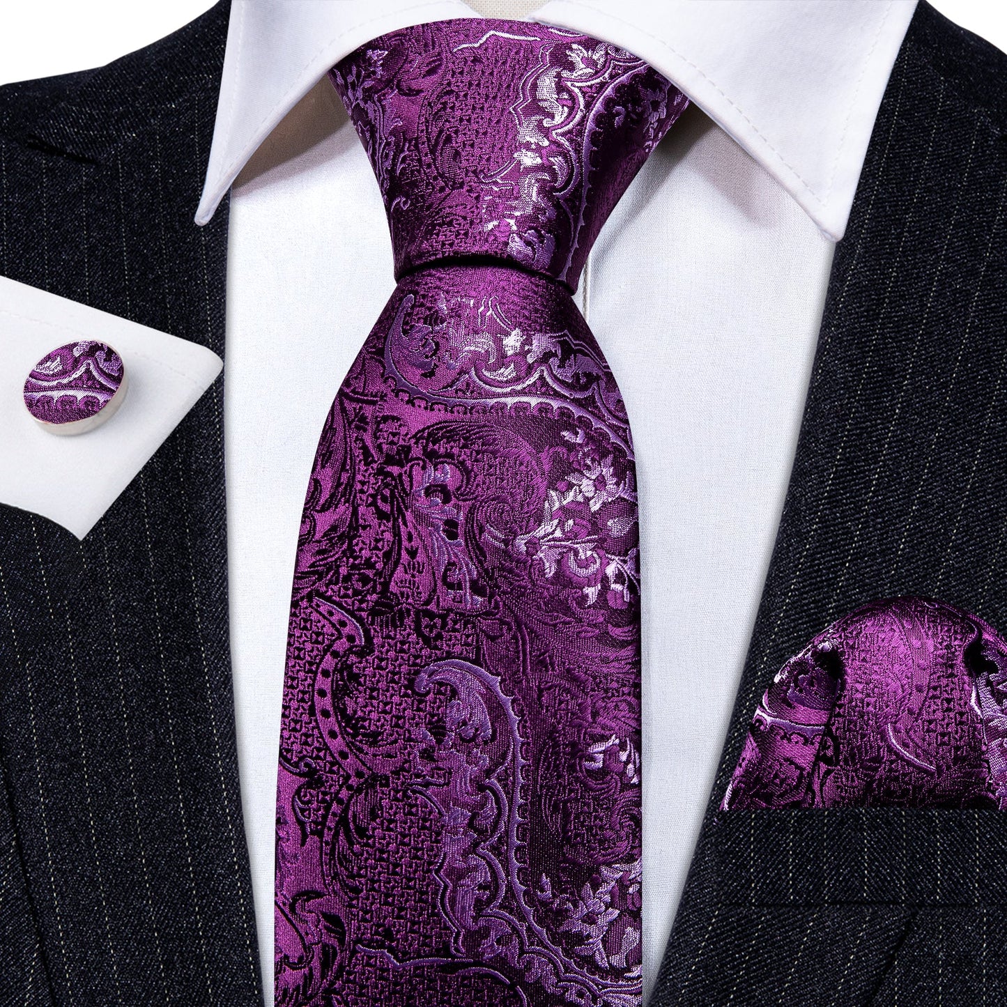 Lilac with White Dragon Leaves Tie Set