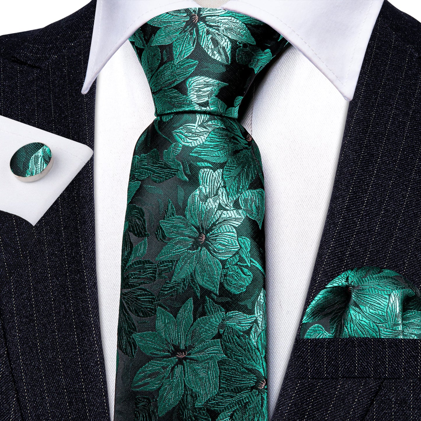 Light Green Floral Silk Tie Set