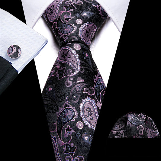 Purple Leaves In Black Silk Tie Set