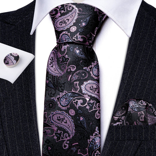 Purple Leaves In Black Silk Tie Set