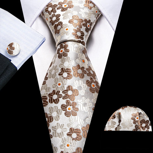 Brown Creamy Beautiful Flowers Tie Set